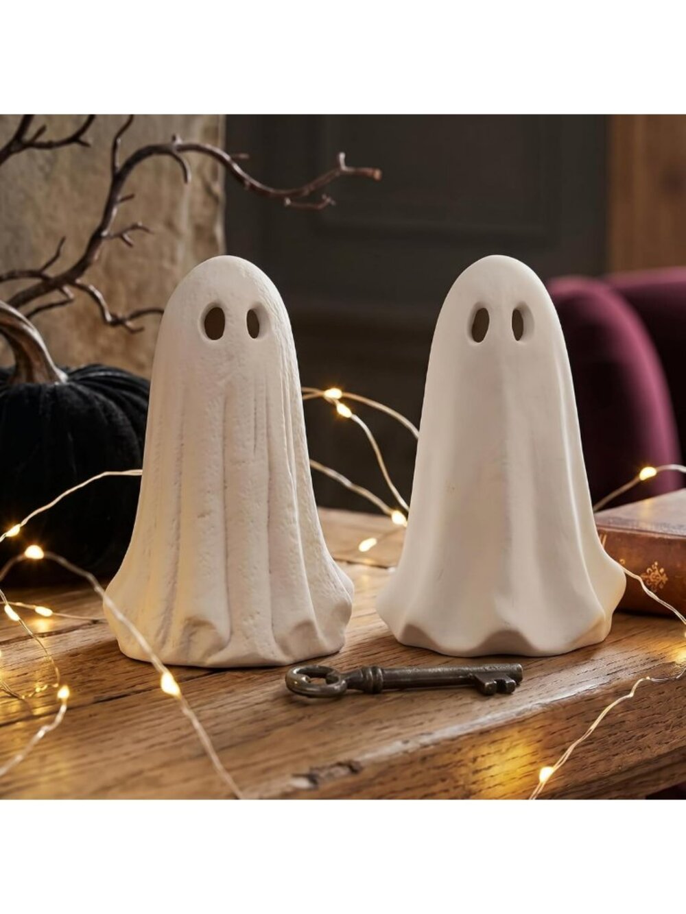 Set of 2 Halloween Terracotta Ghost Figurines - 6 Inch Tabletop Decor